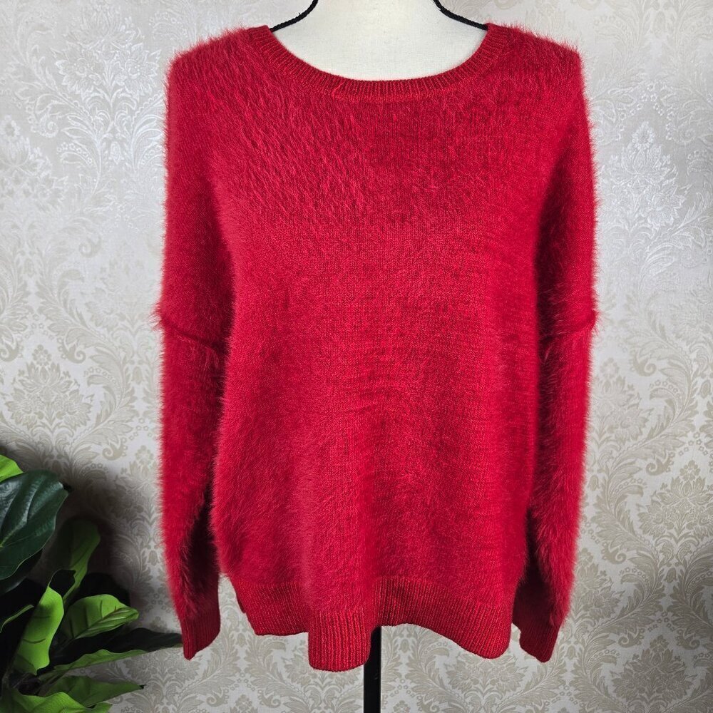 Sanctuary Sz Small Red Pullover Fuzzy Sweater Long Sleeve Round Neck Drop Shldr
